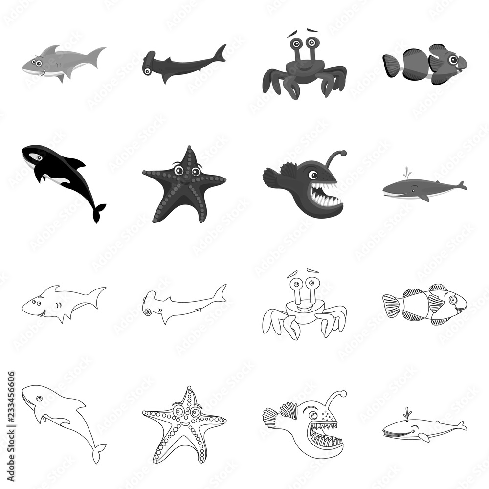 Vector design of sea and animal sign. Set of sea and marine vector icon for stock.