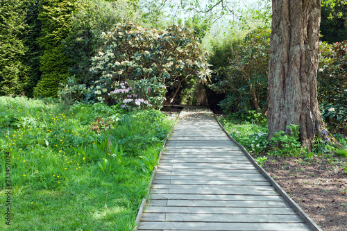 Wooden footbridge through wildflower meadow to bushy garden .