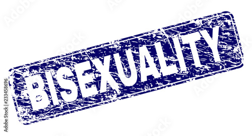 BISEXUALITY stamp seal imprint with grunge texture. Seal shape is a rounded rectangle with frame. Blue vector rubber print of BISEXUALITY caption with grunge texture.