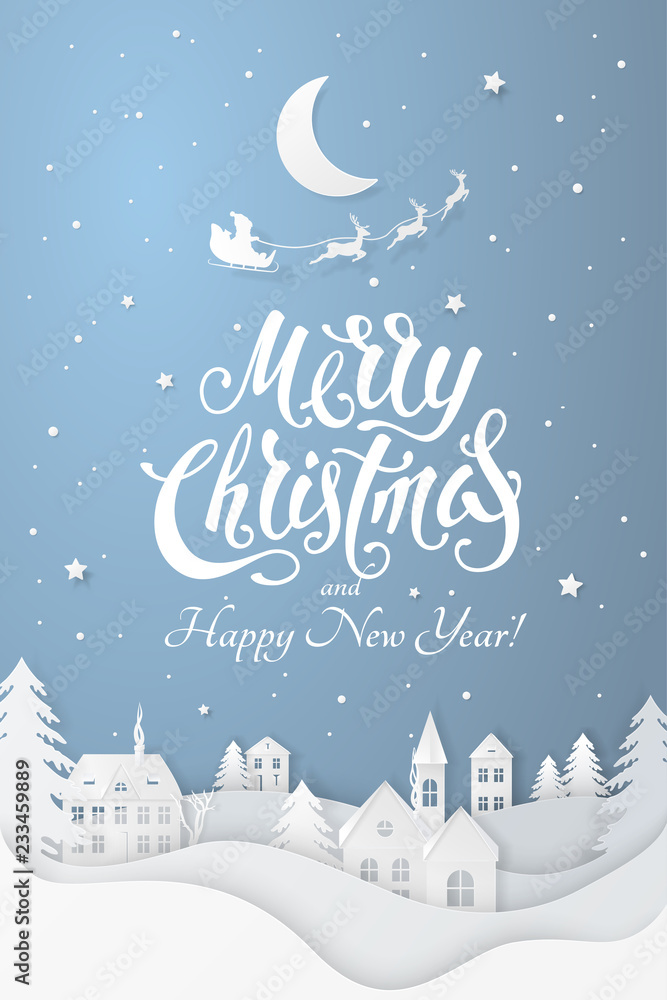 Vector greeting poster with 3D realistic paper Christmas Village. Winter  night landscape with moon, tree, santa's sleigh, deers, snowfall and text  Merry Christmas and Happy New Year on blue background Stock Vector