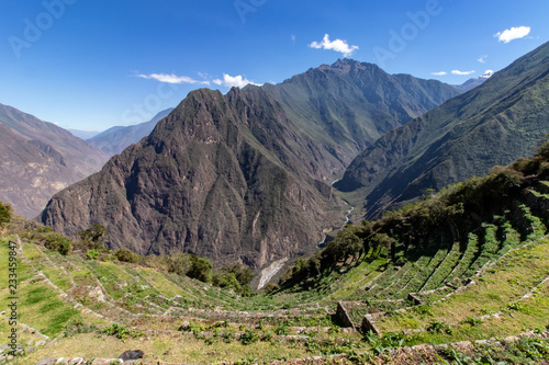 Inca Terraces near the Inca Site of Choquequirao as seen from the Choquequirao Trek to Machu Picchu, Andes Mountains, Peru