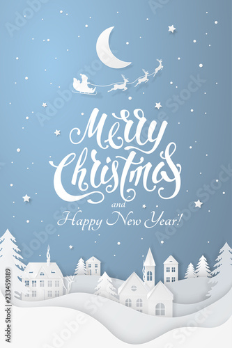 Vector greeting poster with 3D realistic paper Christmas Village. Winter night landscape with moon, tree, santa's sleigh, deers, snowfall and text Merry Christmas and Happy New Year on blue background