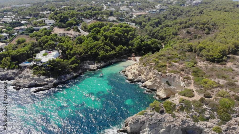 Aerial view, secluded cove, Cala Falco and Cala Bella Donna with rugged cliffs, Sol de Mallorca, Cala Vinyes and Calvia, Mallorca, Balearic Islands Aerial view, secluded cove, Cala Falco and Cala Bella Donna with rugged cliffs, Sol de Mallorca, Cala Vinyes and Calvia, Mallorca, Balearic Islands