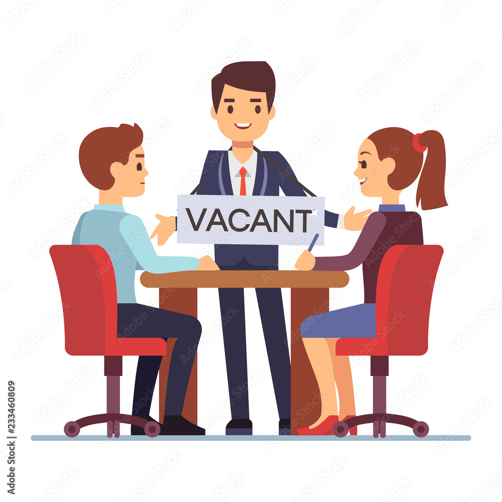 Job interview with hr managements and man with table vacant. Vector illustration Job interview with hr managements and man with table vacant. Vector illustration