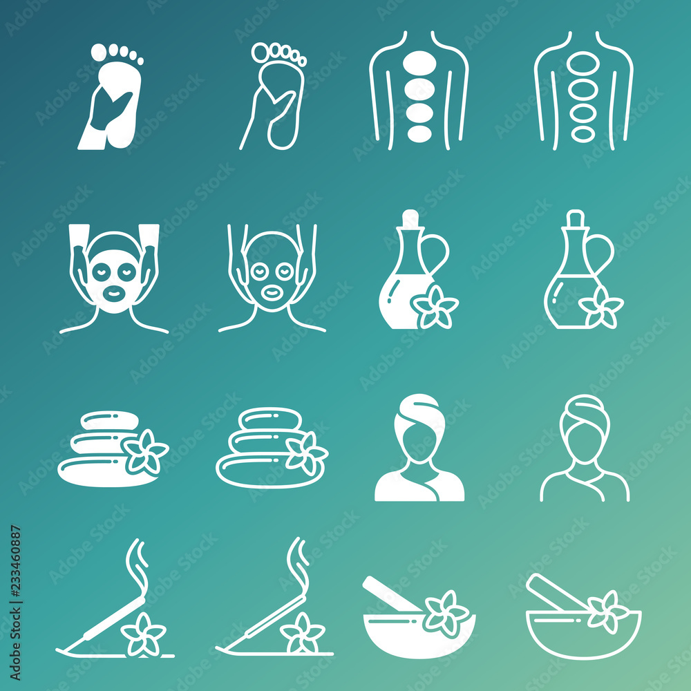 Line and outline massage and relaxing vector icons isolated on green background illustration Line and outline massage and relaxing vector icons isolated on green background illustration