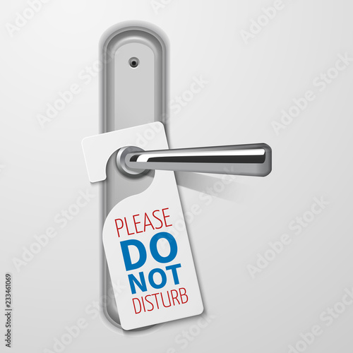 Metallic door handle with do not disturb white black vector. Hotel tag for door illustration