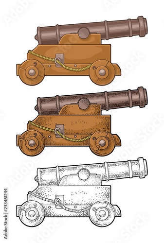 Cast iron cannon on wooden carriage with wheels. Vector engraving
