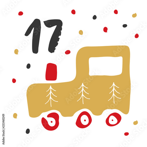 Christmas advent calendar. Hand drawn elements and numbers. Winter holidays calendar card design, Vector illustration