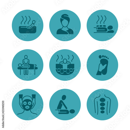 Relax, massage office, SPA center vector icons isolated on white background illustration