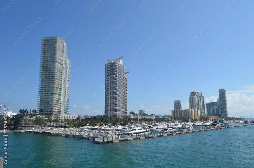 Luxury condominiums overlooking a marina in Miami Beach,Florida