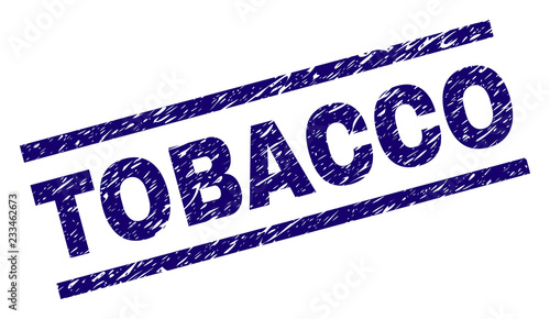 TOBACCO seal print with grunge style. Blue vector rubber print of TOBACCO tag with dust texture. Text tag is placed between parallel lines.