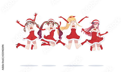 Joyful anime manga girls as Santa Claus in a jump