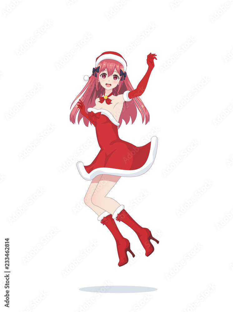 Joyful anime manga girl as Santa Claus in a jump Joyful anime manga girl as Santa Claus in a jump