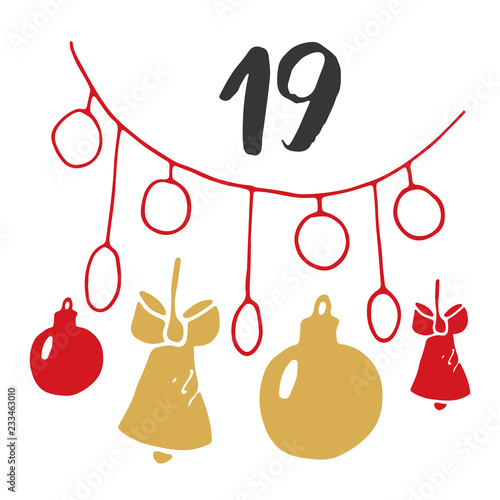 Christmas advent calendar. Hand drawn elements and numbers. Winter holidays calendar card design, Vector illustration