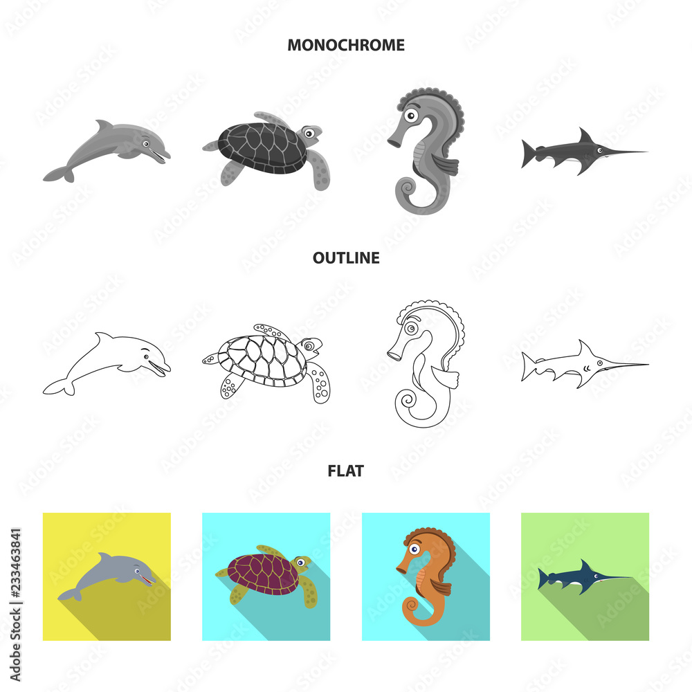 Vector illustration of sea and animal symbol. Set of sea and marine stock symbol for web.