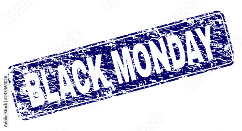 BLACK MONDAY stamp seal watermark with grunge texture. Seal shape is a rounded rectangle with frame. Blue vector rubber print of BLACK MONDAY caption with unclean texture.