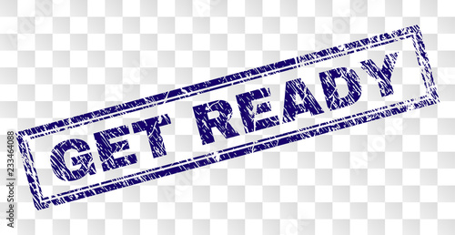 GET READY stamp seal imprint with rubber print style and double framed rectangle shape. Stamp is placed on a transparent background. Blue vector rubber print of GET READY label with unclean texture.