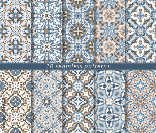 Ten seamless patterns in Oriental style. Eastern ornaments for design fabric, wrapping paper or scrapbooking. Vector illustration in blue and brown colors.