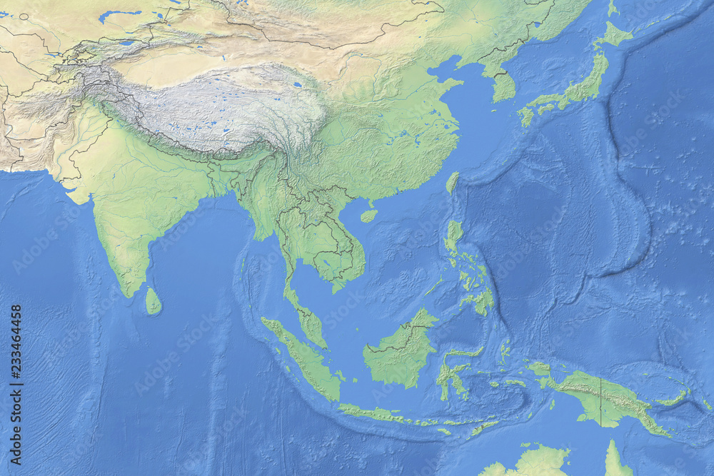 Physical map of countries in South East Asia - detailed topography in geographic coordinate system