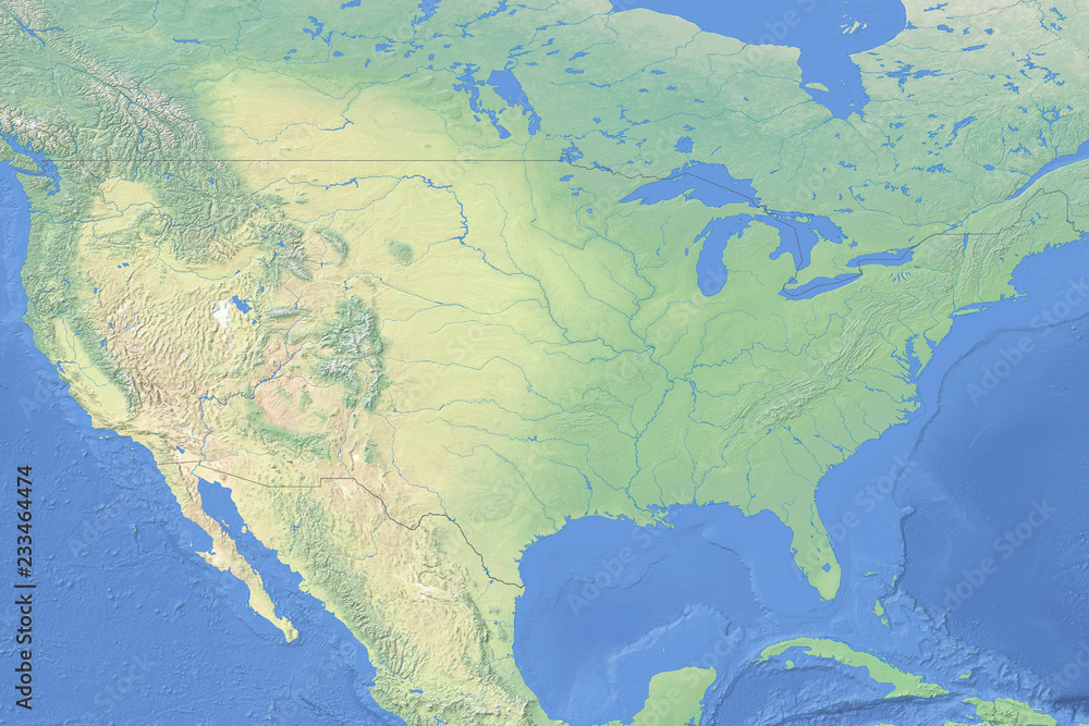 Physical map of the United States of America - detailed topography in geographic coordinate system