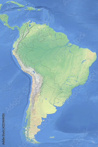 Physical map of South America - detailed topography based on WGS84 coordinate system