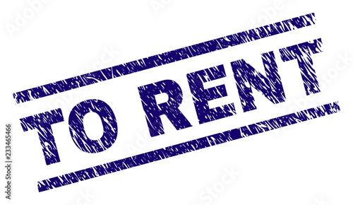 TO RENT seal print with scratced style. Blue vector rubber print of TO RENT text with dust texture. Text caption is placed between parallel lines.