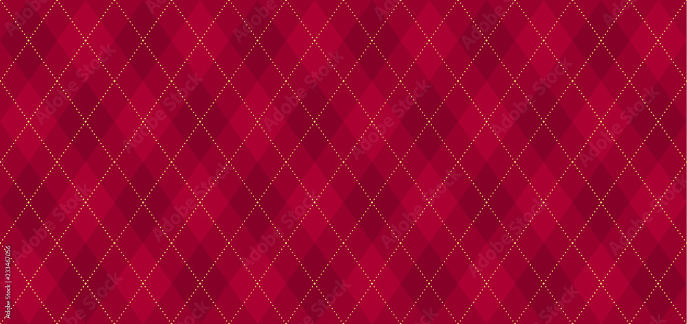 Argyle vector pattern. Dark red with thin golden dotted line. Seamless geometric background textile, clothing, wrapping gift paper. Backdrop Xmas party invite card. Christmas traditional color maroon