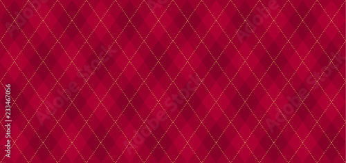Argyle vector pattern. Dark red with thin golden dotted line. Seamless geometric background textile, clothing, wrapping gift paper. Backdrop Xmas party invite card. Christmas traditional color maroon