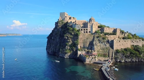 Drone footage of castle aragonese in ischia, italy
