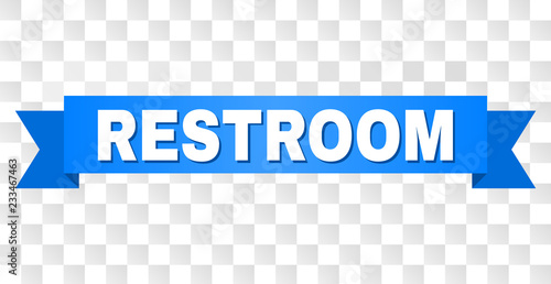 RESTROOM text on a ribbon. Designed with white caption and blue tape. Vector banner with RESTROOM tag on a transparent background.