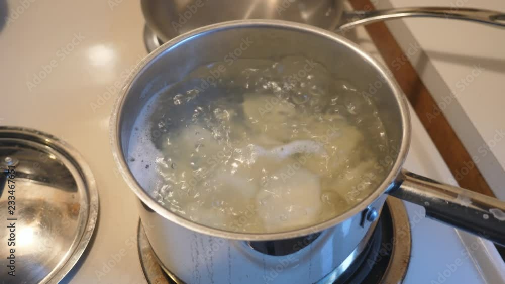 Pot with boiling water and potatoes on stove top. Pot with boiling water and potatoes on stove top.