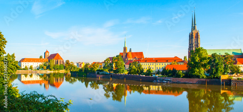Panorama of Cathedral Island and its reflection in the river, Wroclaw, Poland.