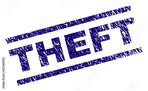 THEFT seal print with distress style. Blue vector rubber print of THEFT label with unclean texture. Text label is placed between parallel lines.