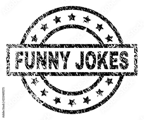 FUNNY JOKES stamp seal watermark with distress style. Designed with rectangle, circles and stars. Black vector rubber print of FUNNY JOKES tag with corroded texture.