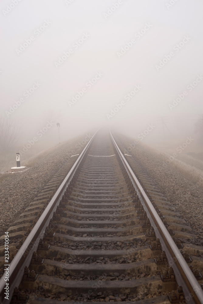 Foggy railway landscape. Vertical photo.