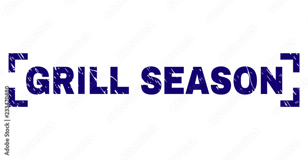 GRILL SEASON text seal print with corroded effect. Text caption is placed between corners. Blue vector rubber print of GRILL SEASON with corroded texture. GRILL SEASON text seal print with corroded effect. Text caption is placed between corners. Blue vector rubber print of GRILL SEASON with corroded texture.