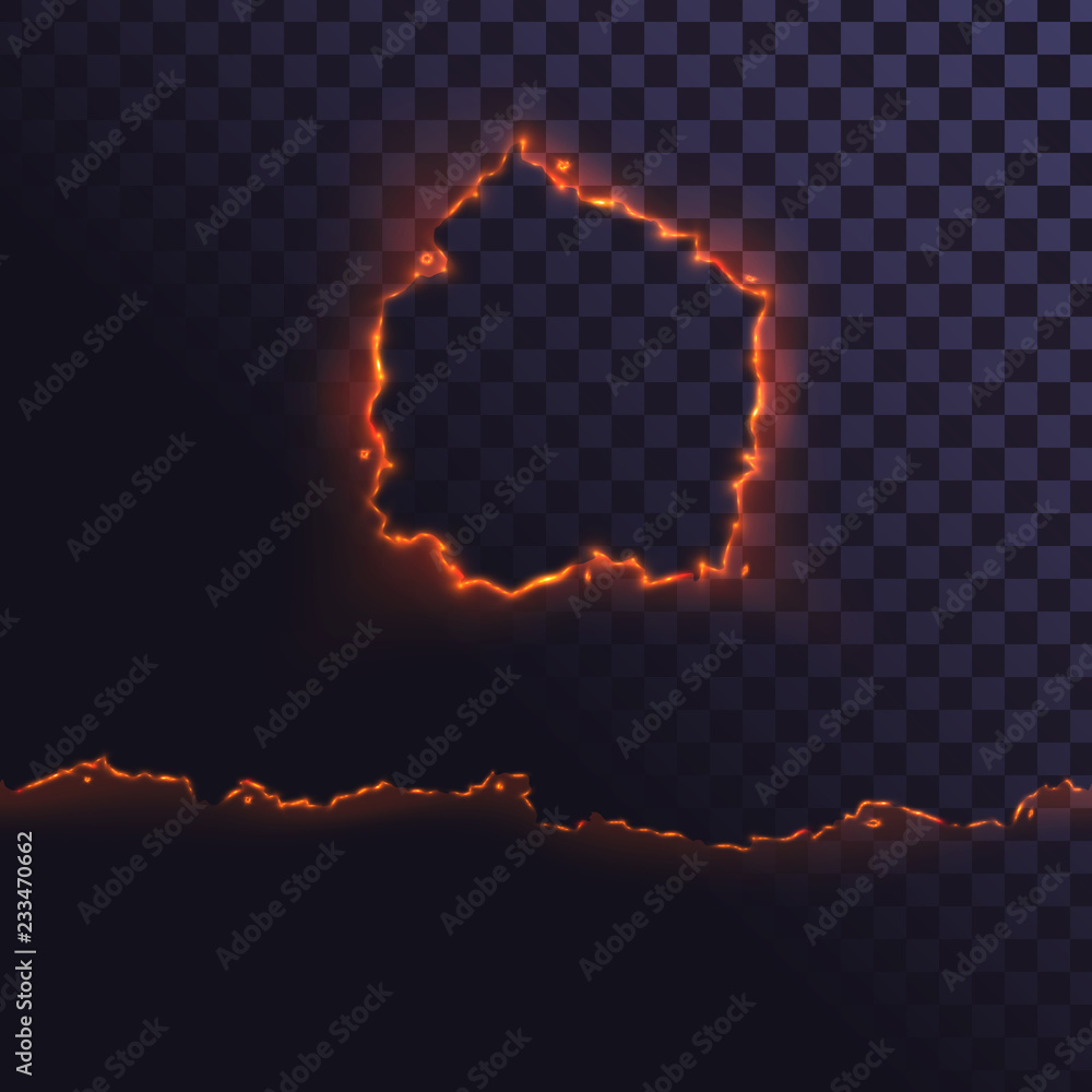Edge of burning paper. Round burning hole and seamless horizontal edge