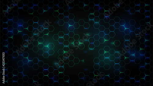Abstract dark background with green luminous hexagons, technology, neon