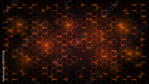 Abstract dark background with orange luminous hexagons, honeycombs