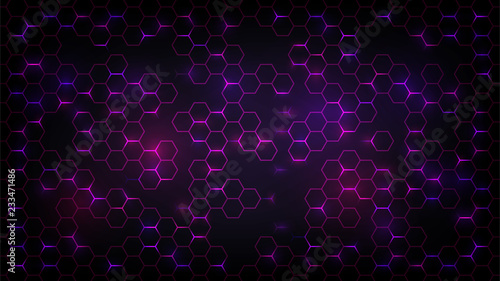 Abstract dark background with purple luminous hexagons, technology, neon