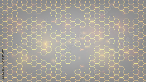 Abstract background with orange luminous hexagons, honeycombs