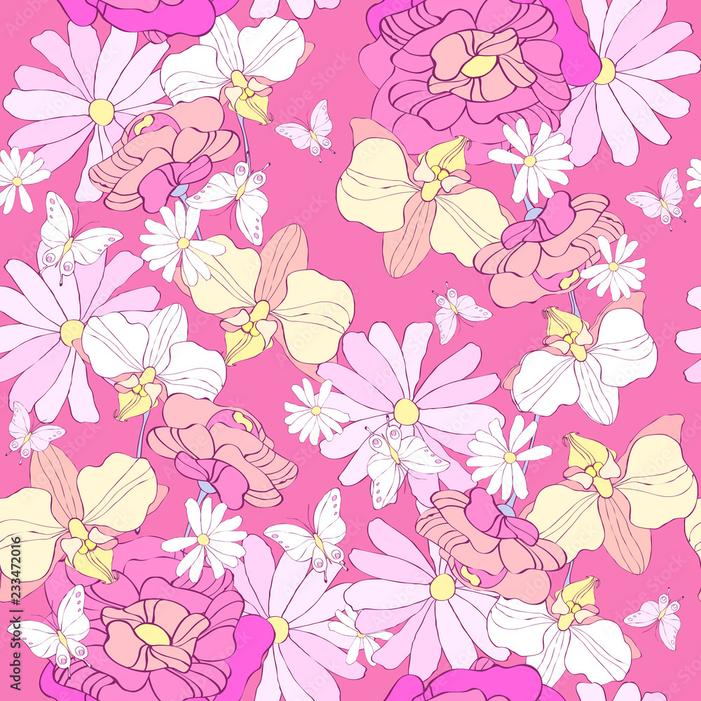 beautiful pink flowers , on a white, pattern