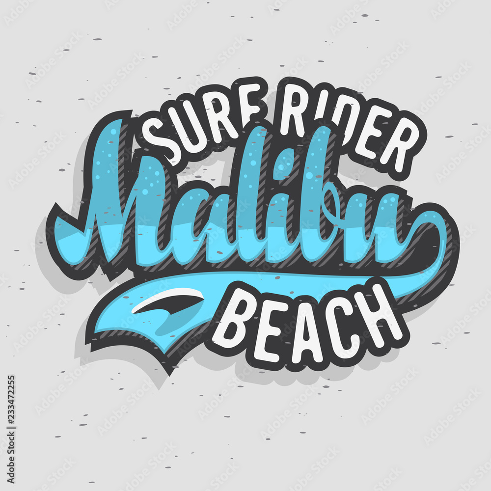 Obraz premium Malibu Surf Rider Beach California Surfing Surf Design Logo Sign Label for Promotion Ads t shirt or sticker Poster Flyer Vector Image.