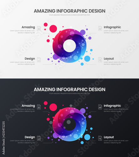 Premium quality 4 option circle marketing analytics presentation vector illustration template. Business data visualization design layout set. Amazing round organic statistics infographic report bundle