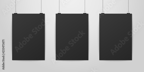 Three Vector Realistic Black Blank Vertical A4 Paper Poster Hanging on a Rope with Binder Clip Set on White Wall mock-up. Empty Poster Design Template for Graphics, Mockup