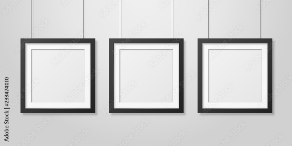 Three Vector Realistic Modern Interior Black Blank Square Wooden Poster Picture Frame Set Hanging on the Ropes on White Wall Mock-up. Empty Poster Frames Design Template for Mockup, Presentation Three Vector Realistic Modern Interior Black Blank Square Wooden Poster Picture Frame Set Hanging on the Ropes on White Wall Mock-up. Empty Poster Frames Design Template for Mockup, Presentation