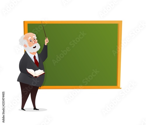 Vector teacher character at the chalkboard isolated vector illustration. The Professor gives a lecture near the blackboard with a book and a pointer in his hands
