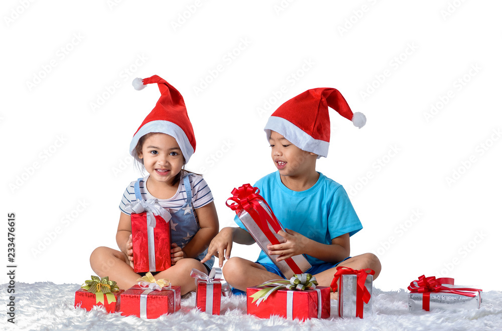 Obraz premium portrait of happy little asian boy and girl with Many gift boxes isolated on white background