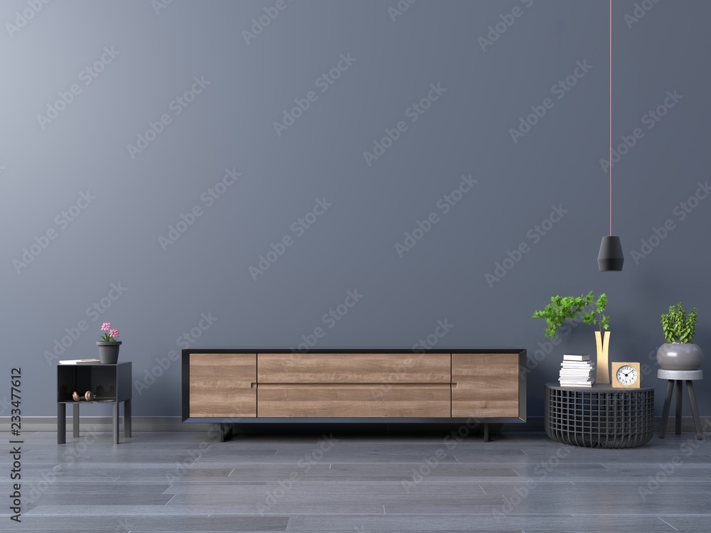 Living room led tv on dark blue wall in modern empty room,minimal