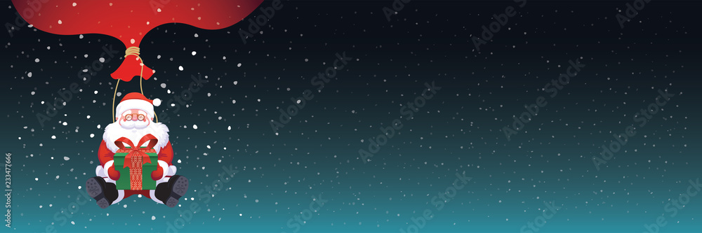 Naklejka premium Santa Claus falling on night dark blue sky background holding gift snow falling